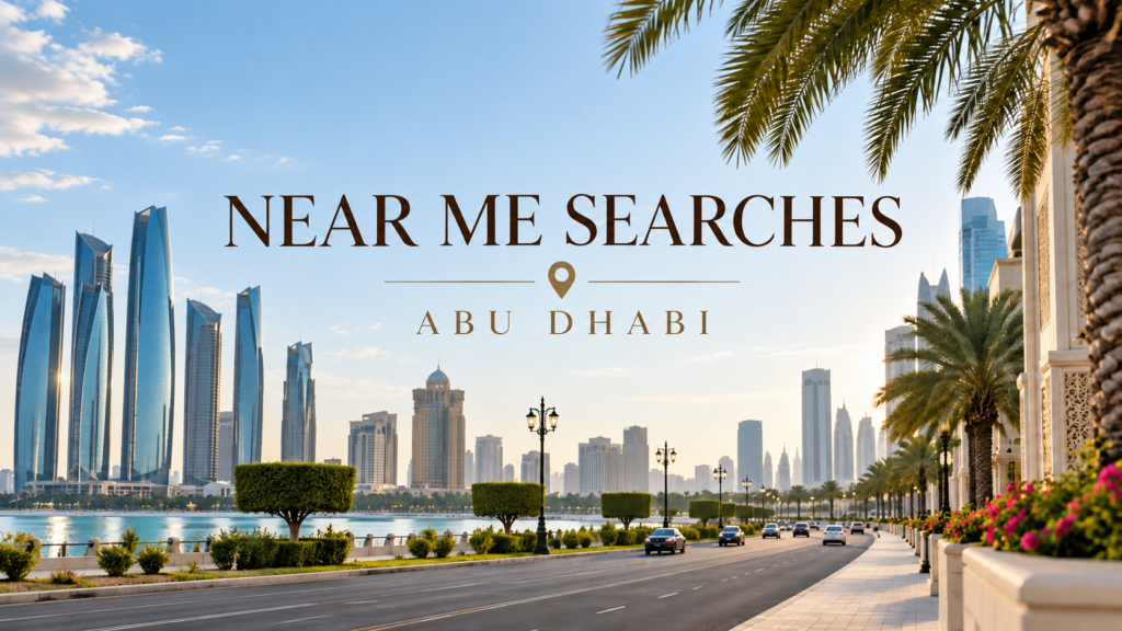 Abu Dhabi skyline illustrating “near me” searches and local SEO for Google Business Profiles.