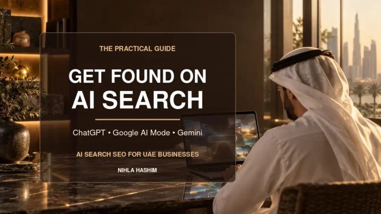 Featured image for Nihla Hashim’s guide to AI search SEO for UAE businesses, covering how to get found on ChatGPT, Google AI Mode, and Gemini.
