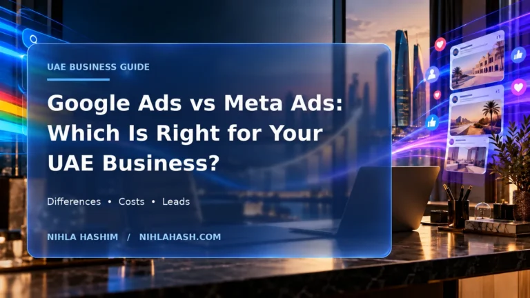 Featured image for Nihla Hashim’s UAE business guide comparing Google Ads and Meta Ads, with search and social media visuals against an Abu Dhabi skyline.