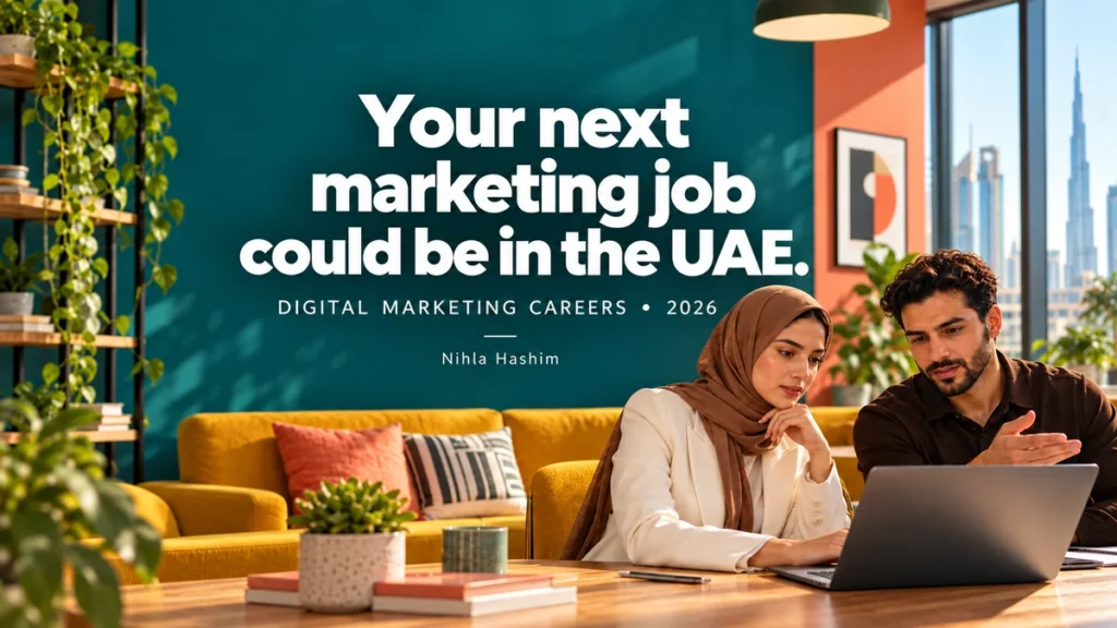 Digital marketing professionals collaborating on a laptop in a colourful UAE office, with the headline “Your next marketing job could be in the UAE.
